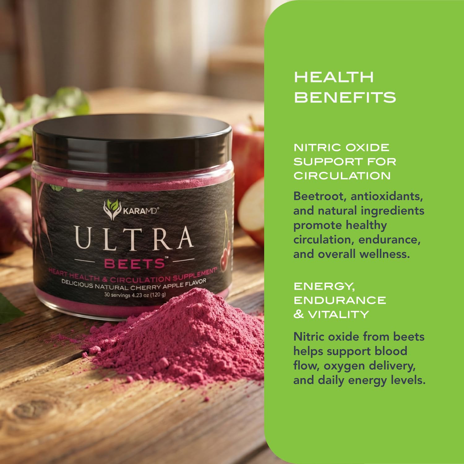KaraMD UltraBeets porción medidora y cucharita para dosificación cómoda
