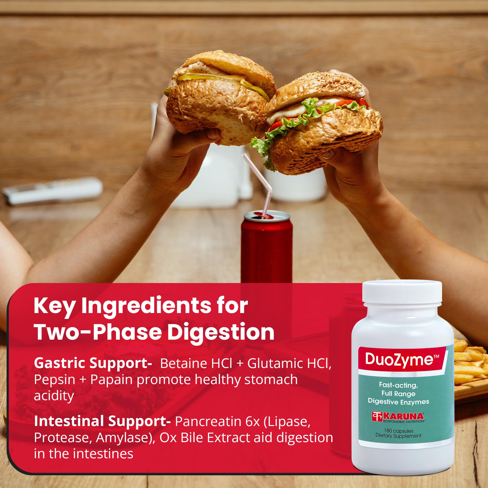 Karuna etiqueta DuoZyme con ingredientes visibles, transparencia y confianza