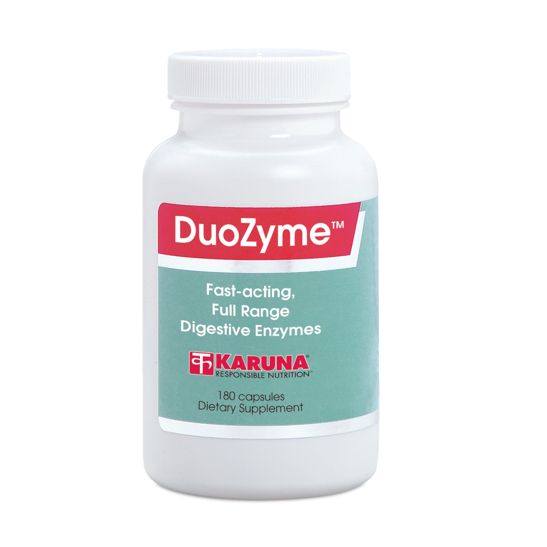 Karuna frasco DuoZyme frente, diseño claro y beneficio de soporte digestivo