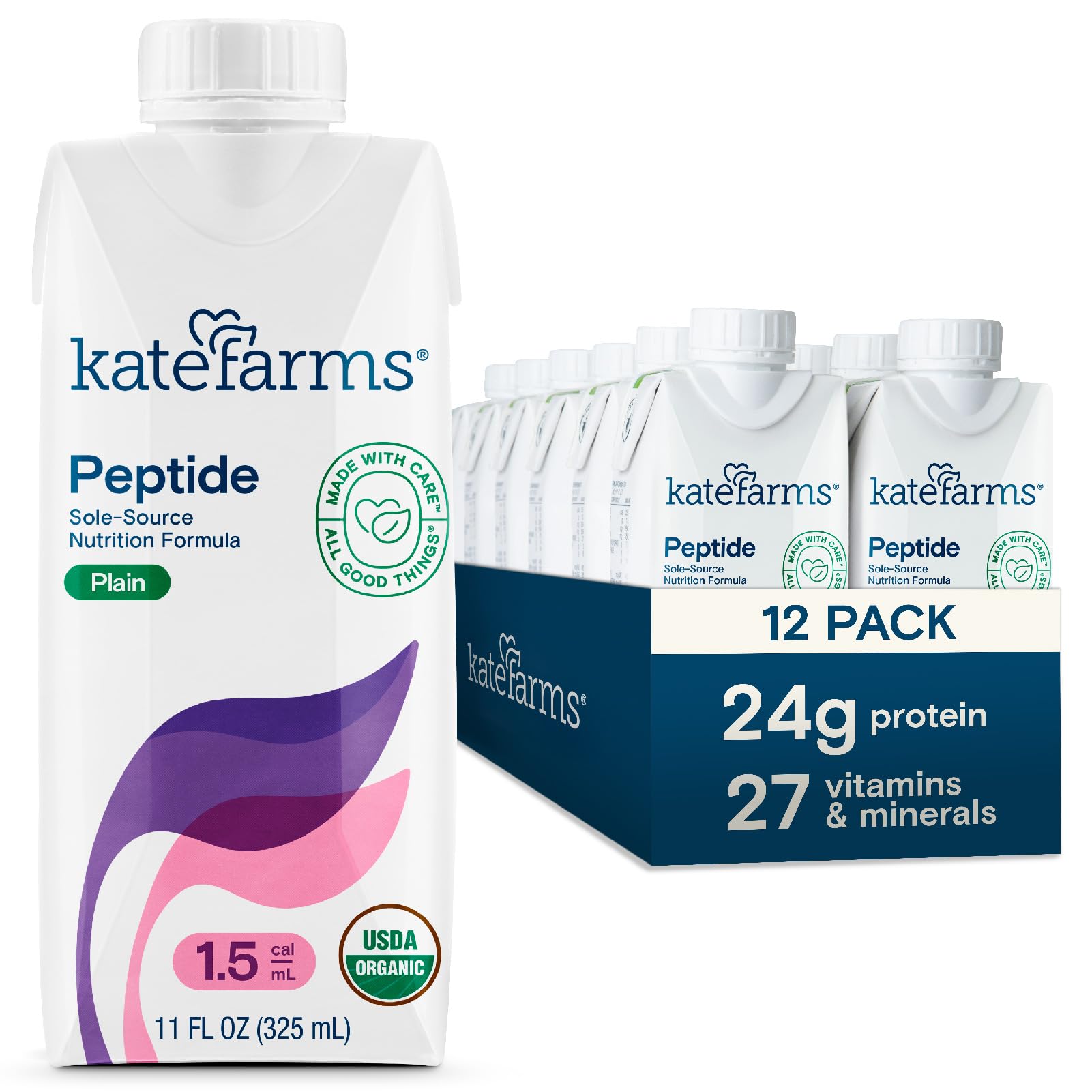 Kate Farms envase frontal mostrando información y beneficio nutricional