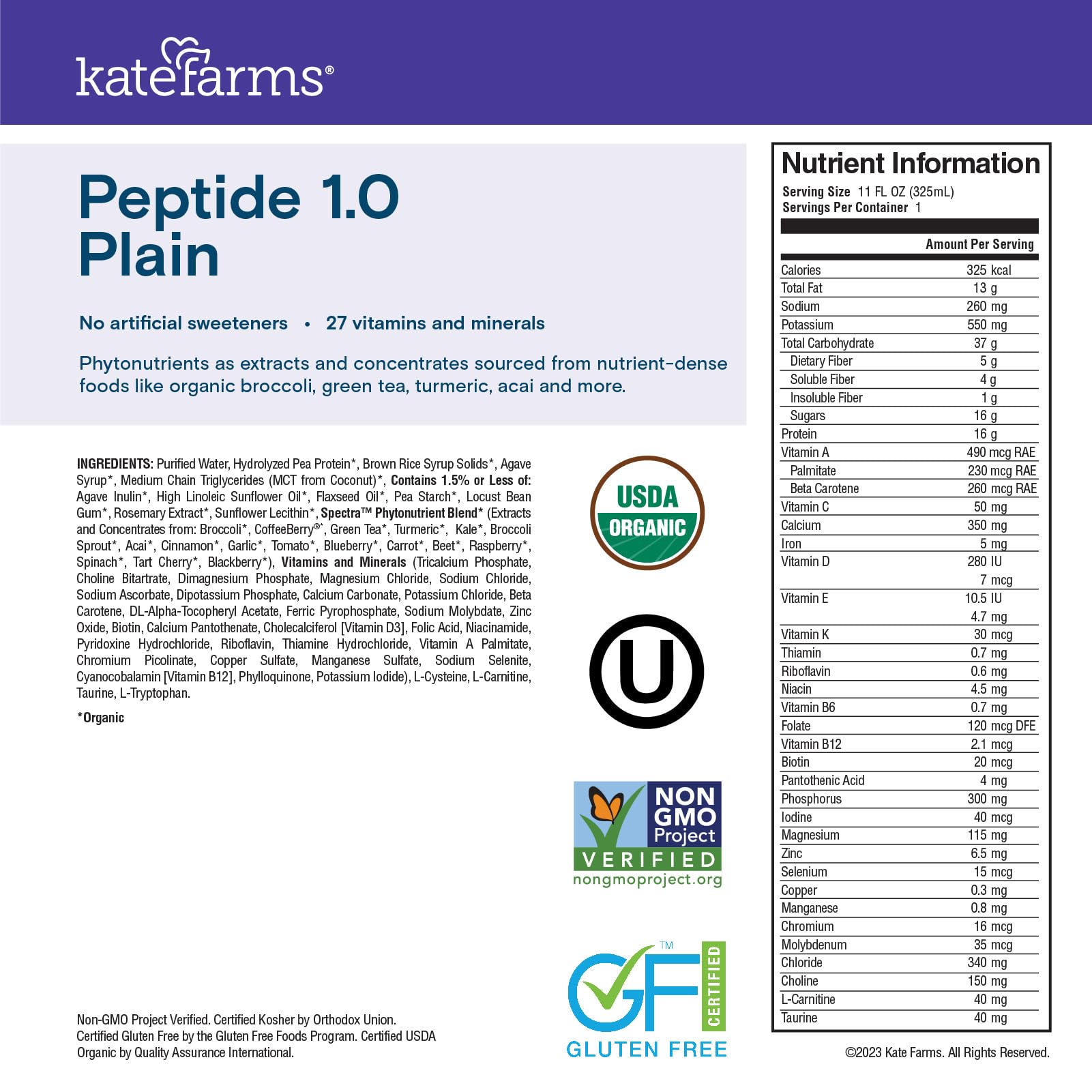Etiqueta de Kate Farms Peptide 1.0 con listado de ingredientes y certificaciones visibles