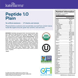 Etiqueta de Kate Farms Peptide 1.0 con listado de ingredientes y certificaciones visibles