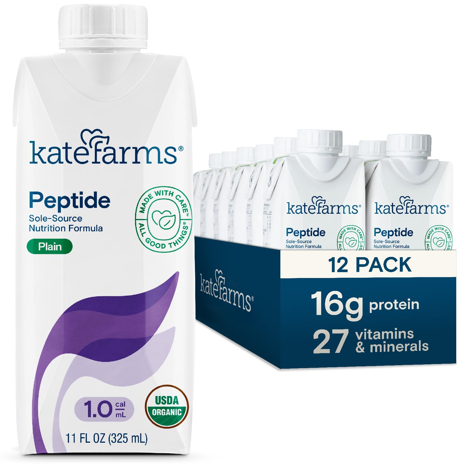 Envase frontal de Kate Farms Peptide 1.0 mostrando formato individual y beneficios orgánicos