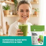 Kate Naturals batido verde servido en vaso listo para beber beneficio práctico
