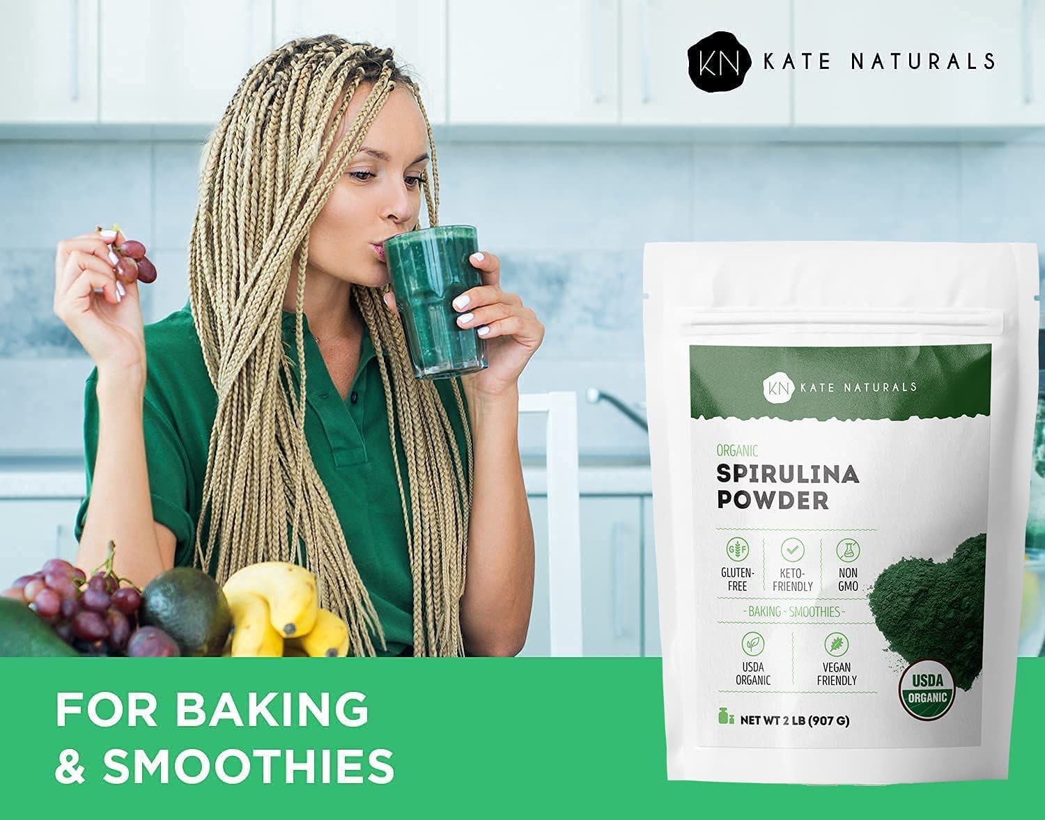 Cuchara con espirulina Kate Naturals mostrando porción sugerida y control de dosis