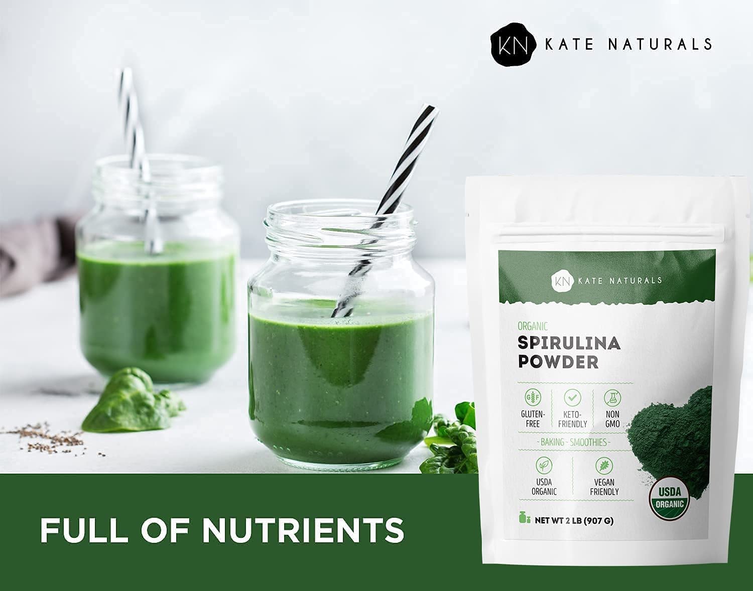 Batido verde con Kate Naturals Spirulina Powder listo para beber, aporte proteico vegetal