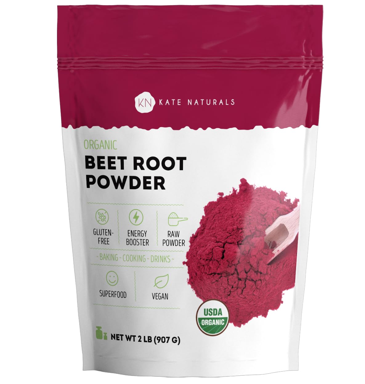 Kate Naturals envase frontal de polvo de remolacha orgánico muestra etiqueta clara y beneficios