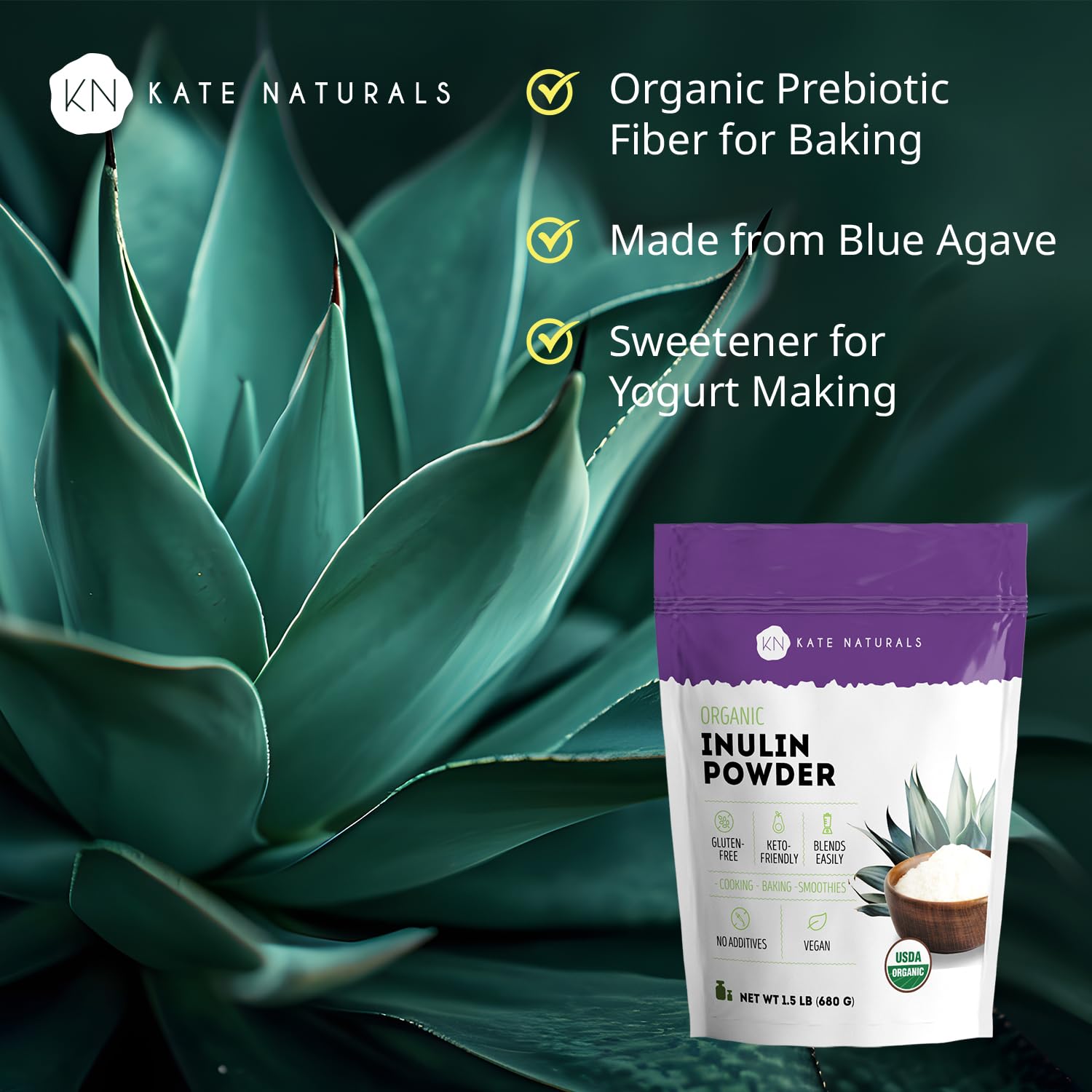 Kate Naturals polvo de inulina en primer plano mostrando textura fina y soluble