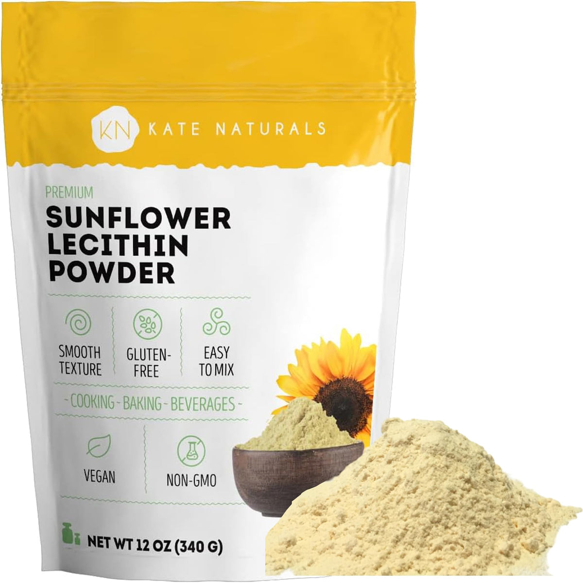 Kate Naturals paquete frontal mostrando 12 oz y beneficios en recetas