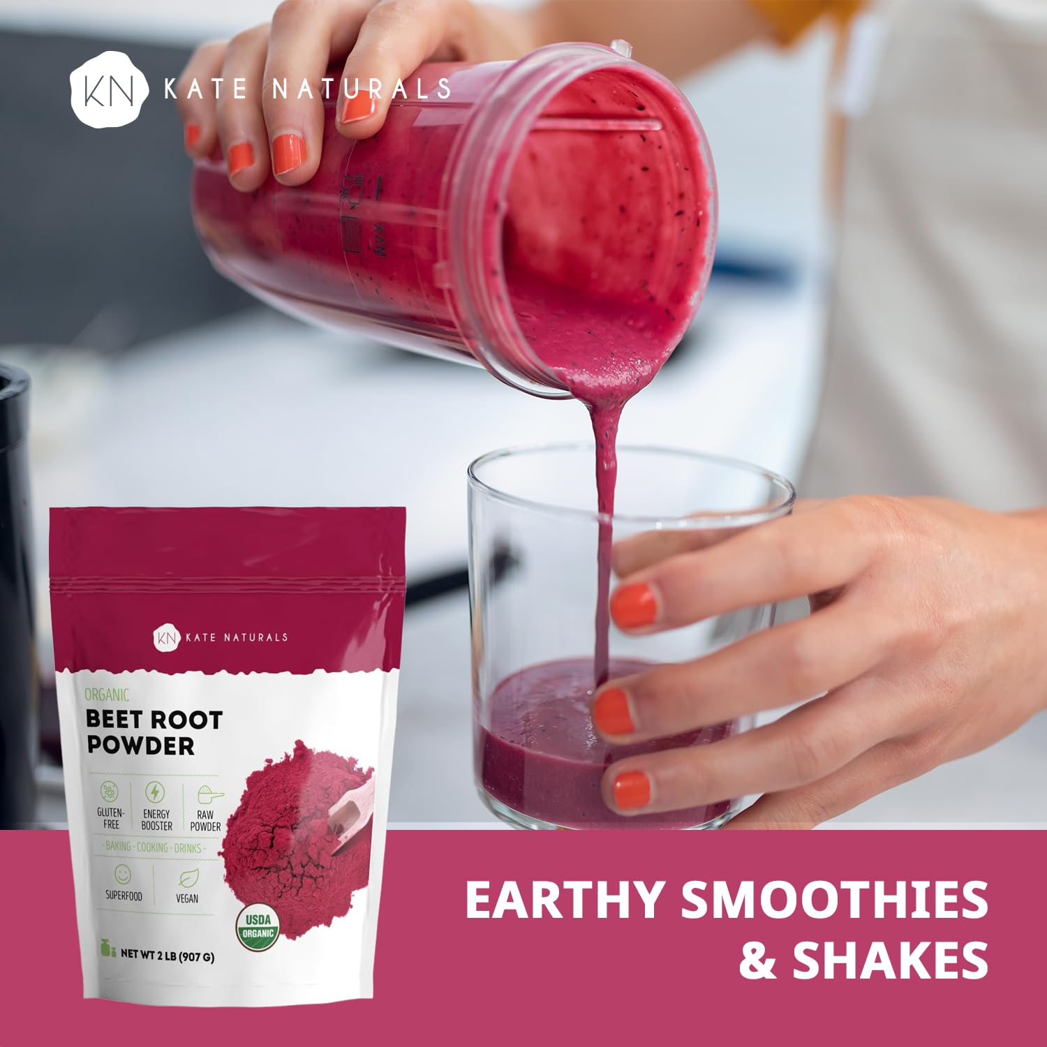 Kate Naturals smoothie rojo vibrante preparado con polvo de remolacha, aporta color natural
