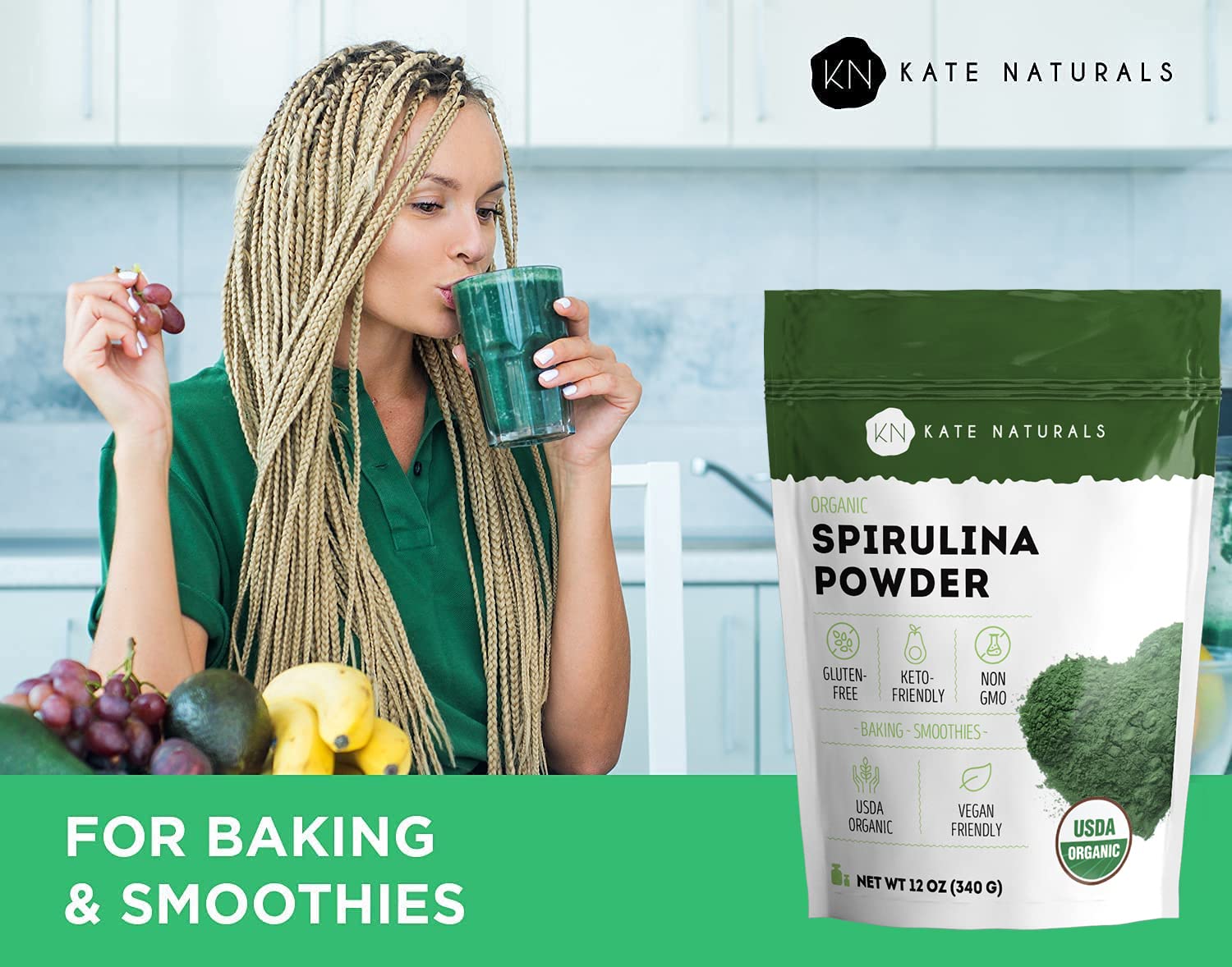 Kate Naturals batido verde con spirulina, aporte nutritivo visible