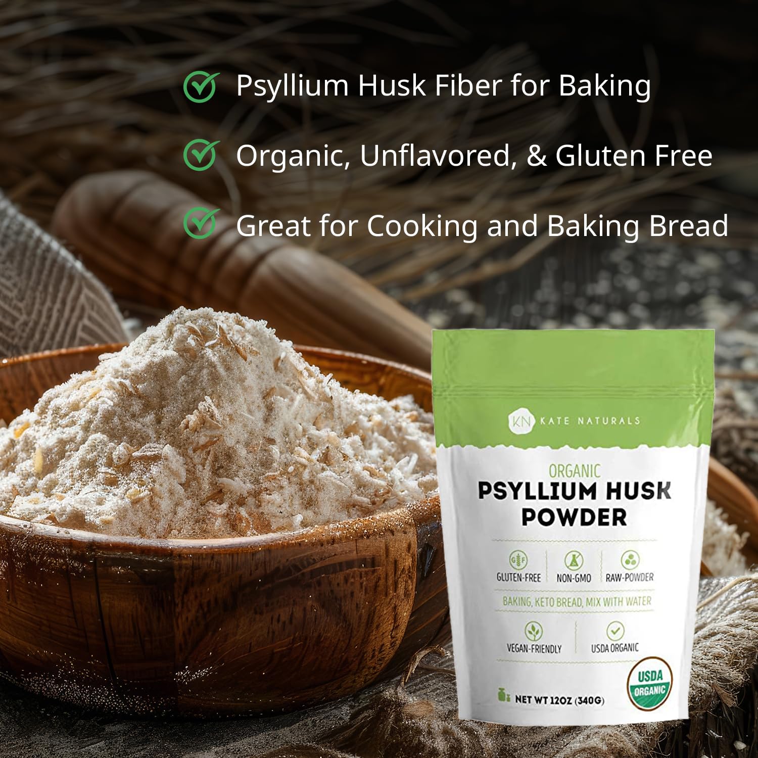 Polvo fino de psyllium Kate Naturals mostrando textura fácil de mezclar
