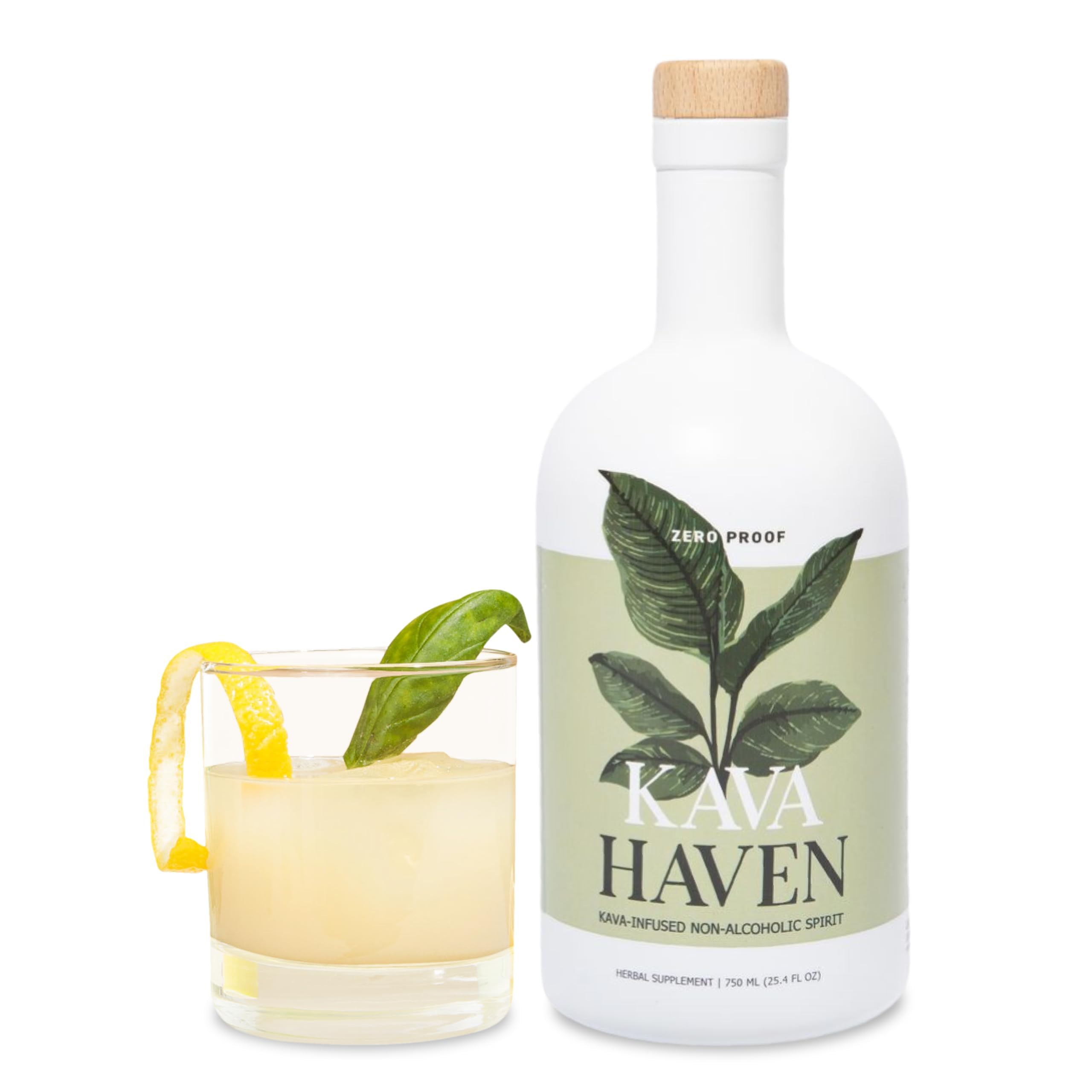Kava Haven botella frente mostrando etiqueta limón jengibre y calorías bajas