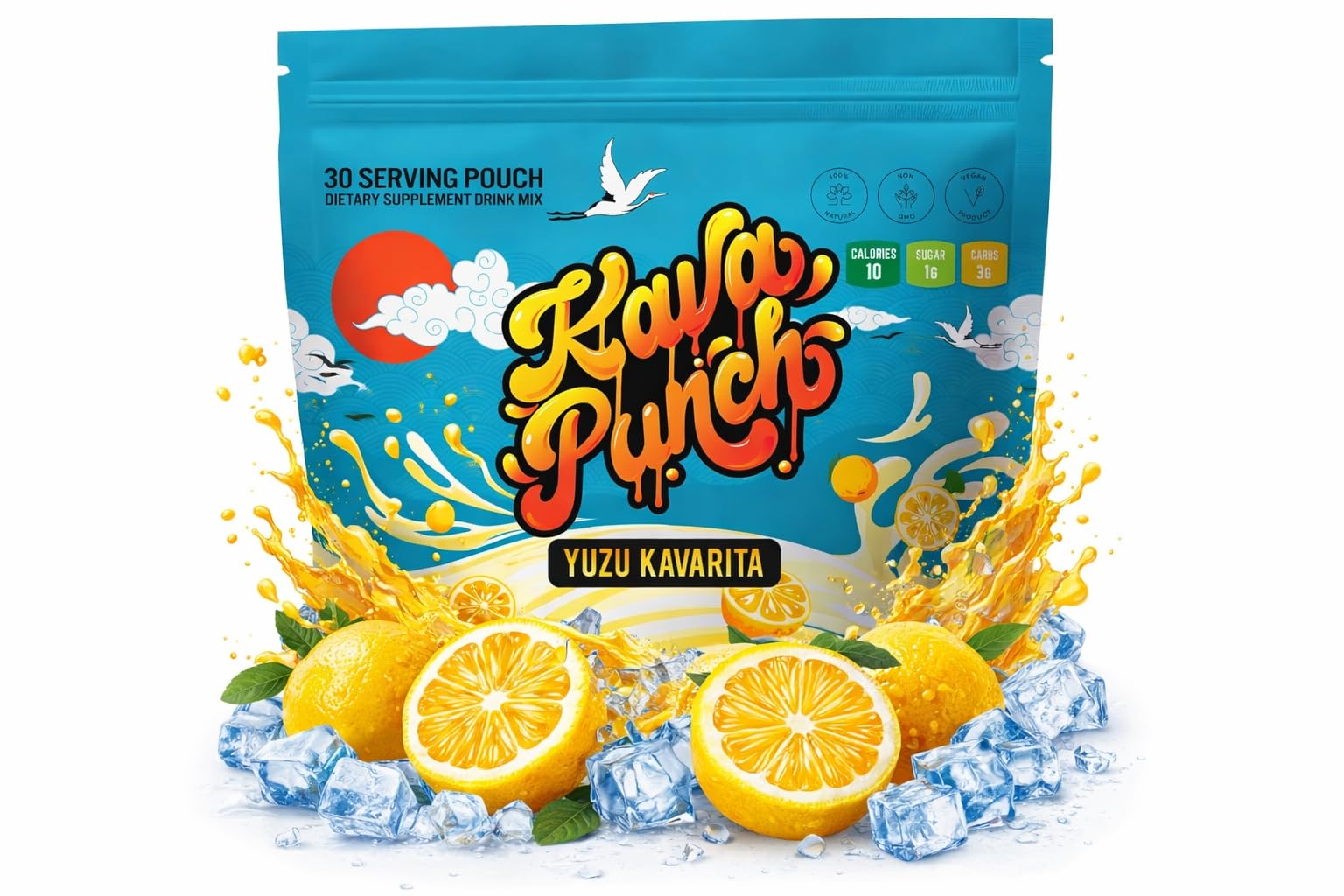KAVA PUNCH frente del empaque yuzu mostrando 30 porciones y conveniencia