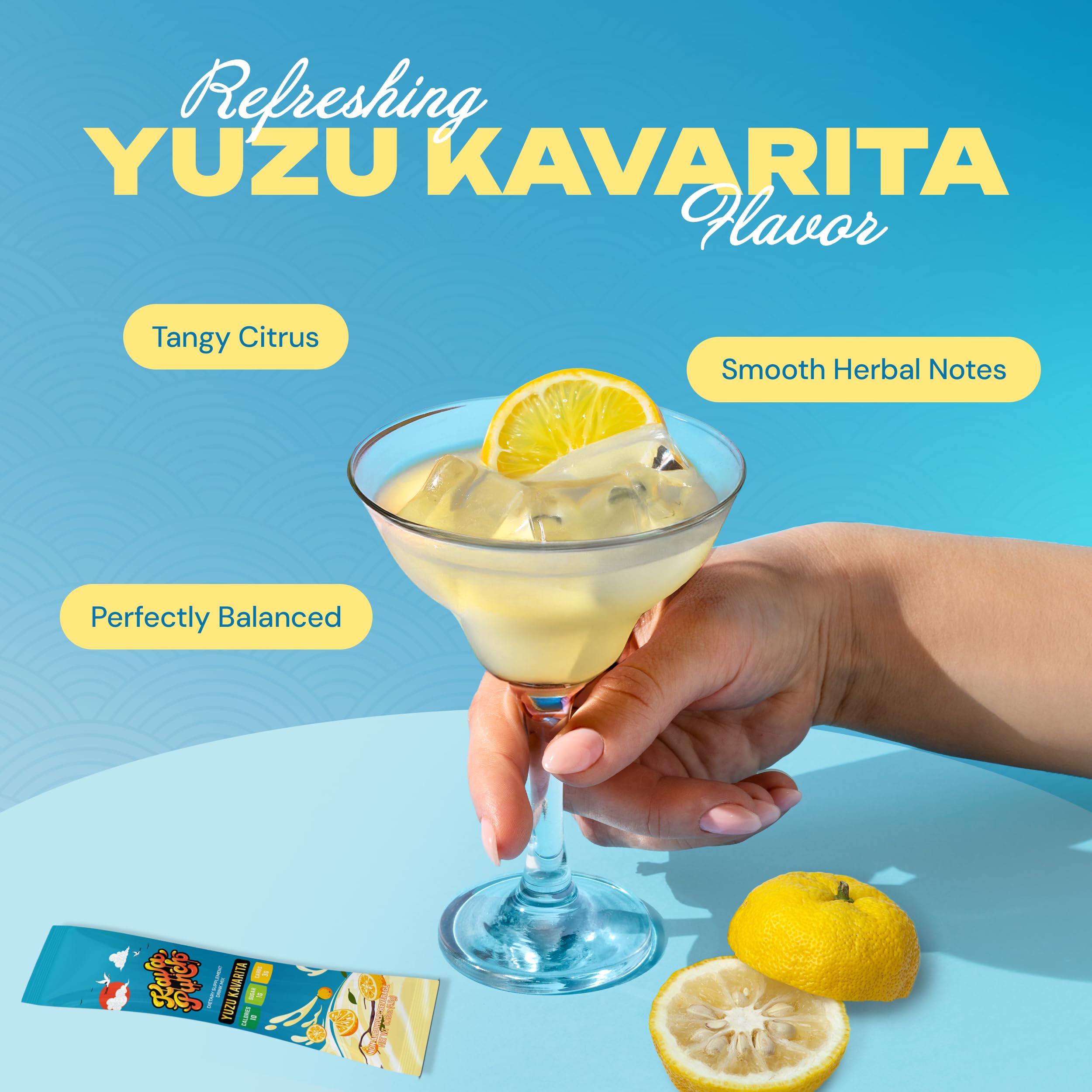 KAVA PUNCH vaso servido con hielo, bebida cítrica y efecto calmante