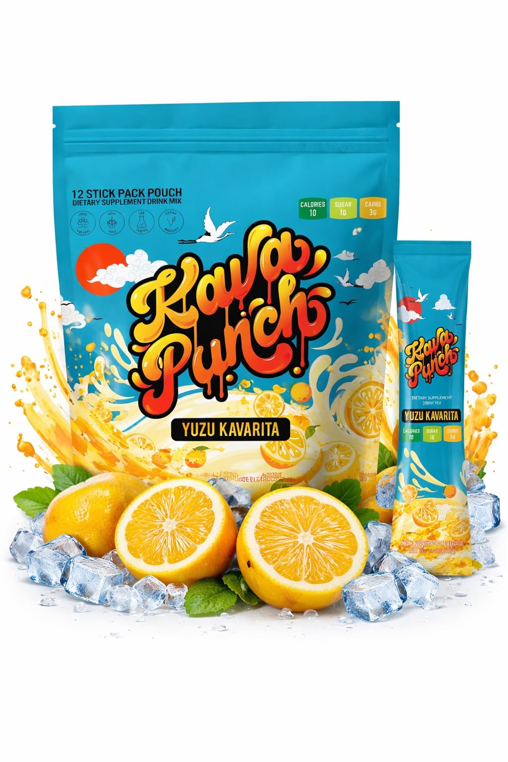 KAVA PUNCH empaque frontal mostrando 12 porciones y beneficio relajante