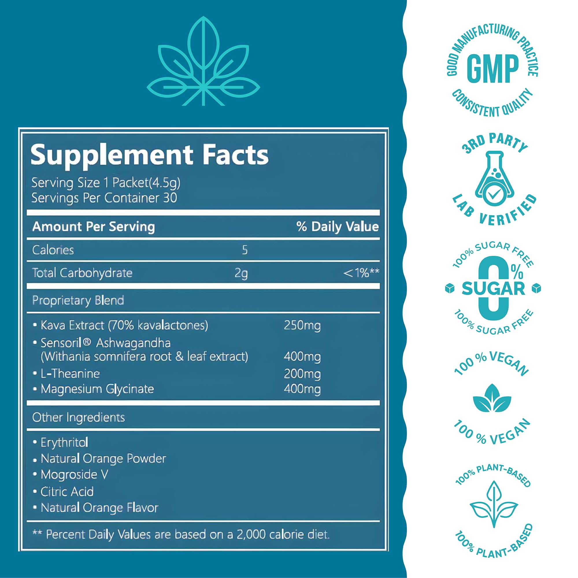 Kava Zen etiqueta con lista de ingredientes y dosis claras para confianza