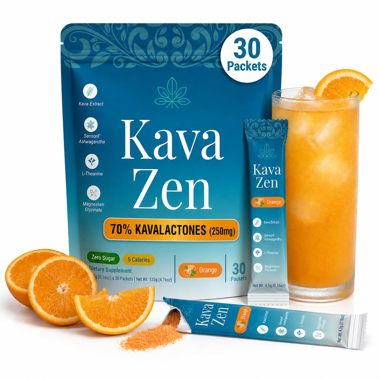 Kava Zen frente del empaque mostrando 30 sobres y beneficios de relajación