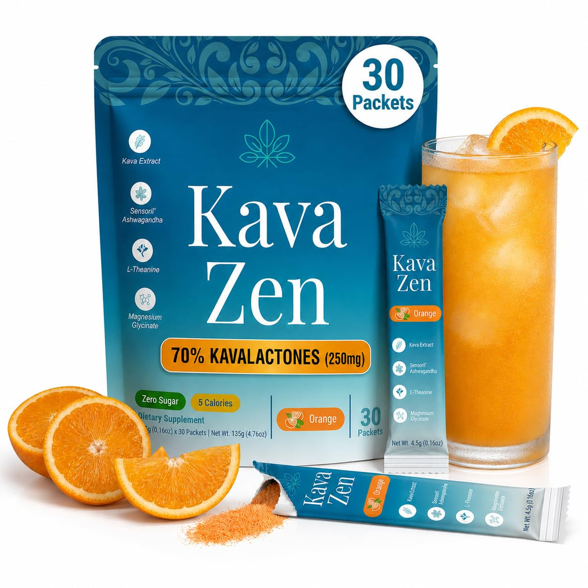 Kava Zen frente del empaque mostrando 30 sobres y beneficios de relajación