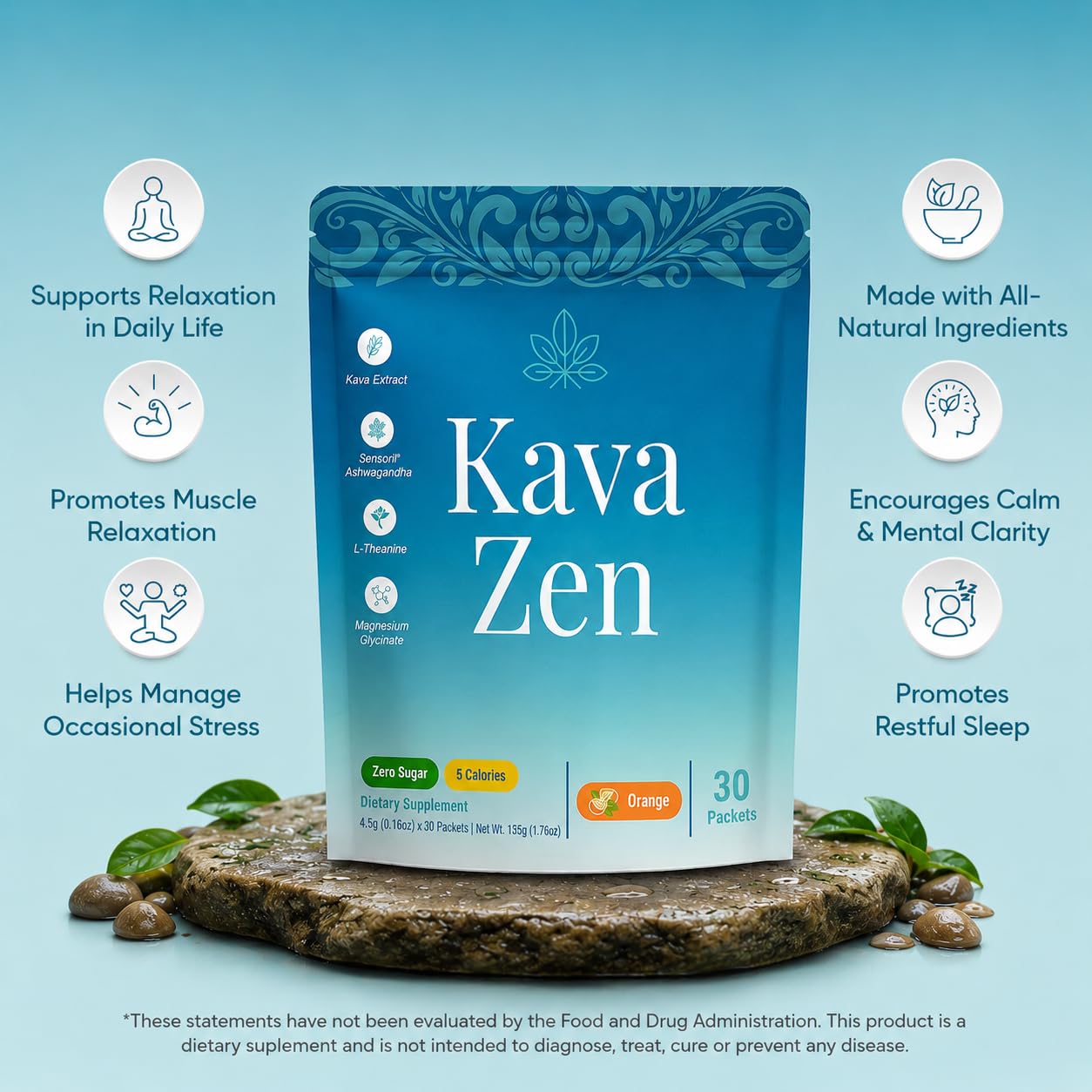 Kava Zen sobre abierto con polvo naranja que muestra textura fácil de disolver