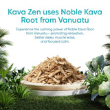 Kava Zen en mesa de noche junto a libro indicando uso para rutina nocturna