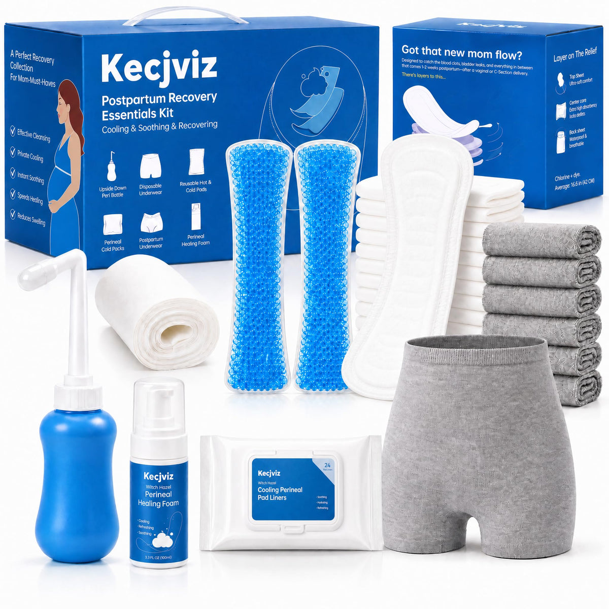Kecjviz vista frontal del kit completo para recuperación postparto, preparación práctica