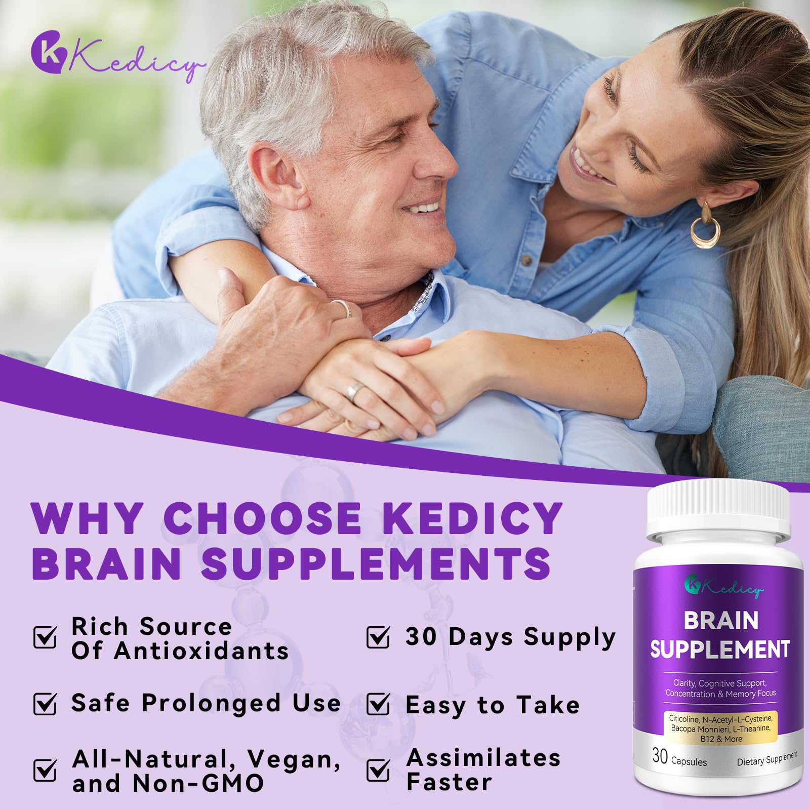 Kedicy ingredientes clave como bacopa y rhodiola en primer plano