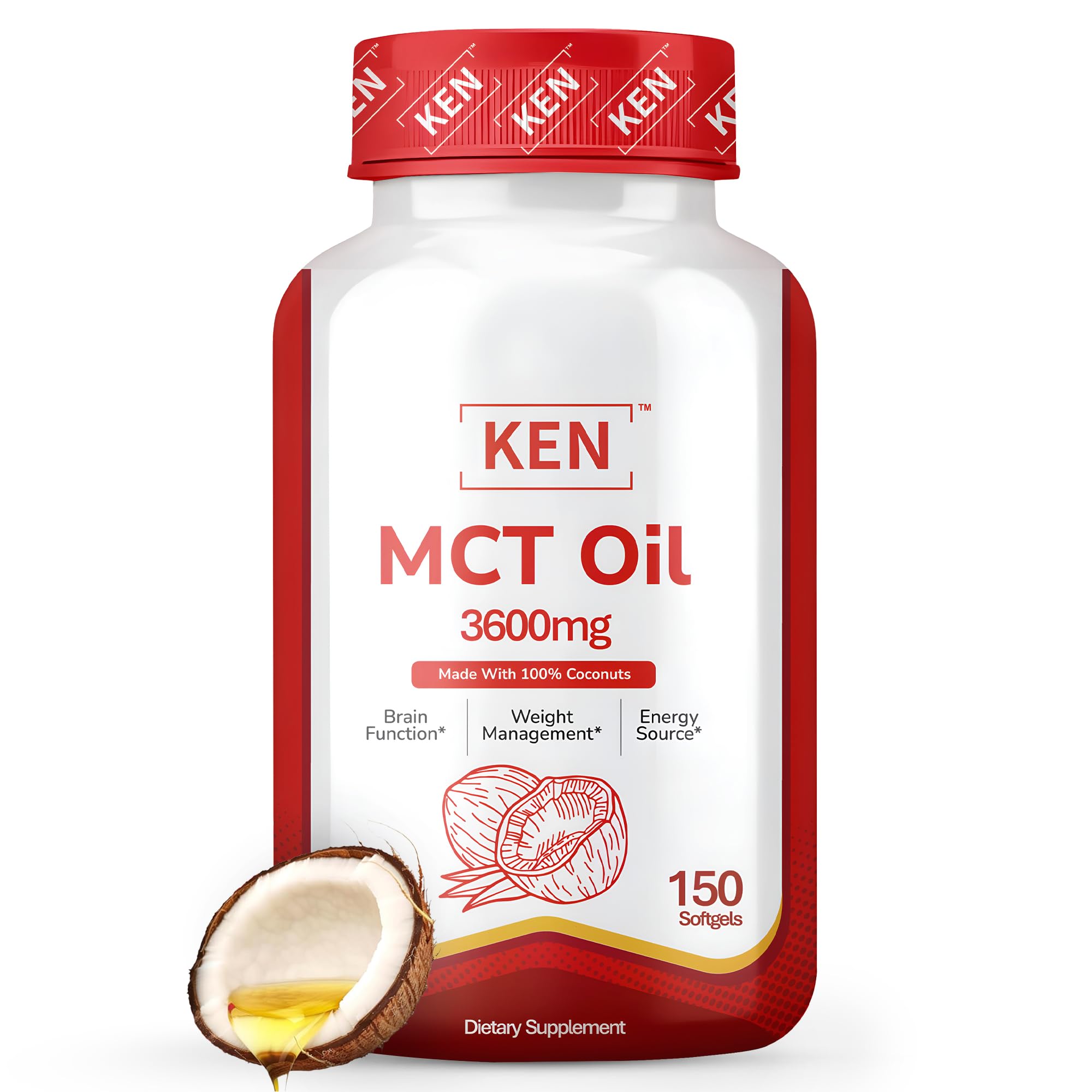 KEN frasco frontal mostrando 150 softgels y beneficio energía concentrada