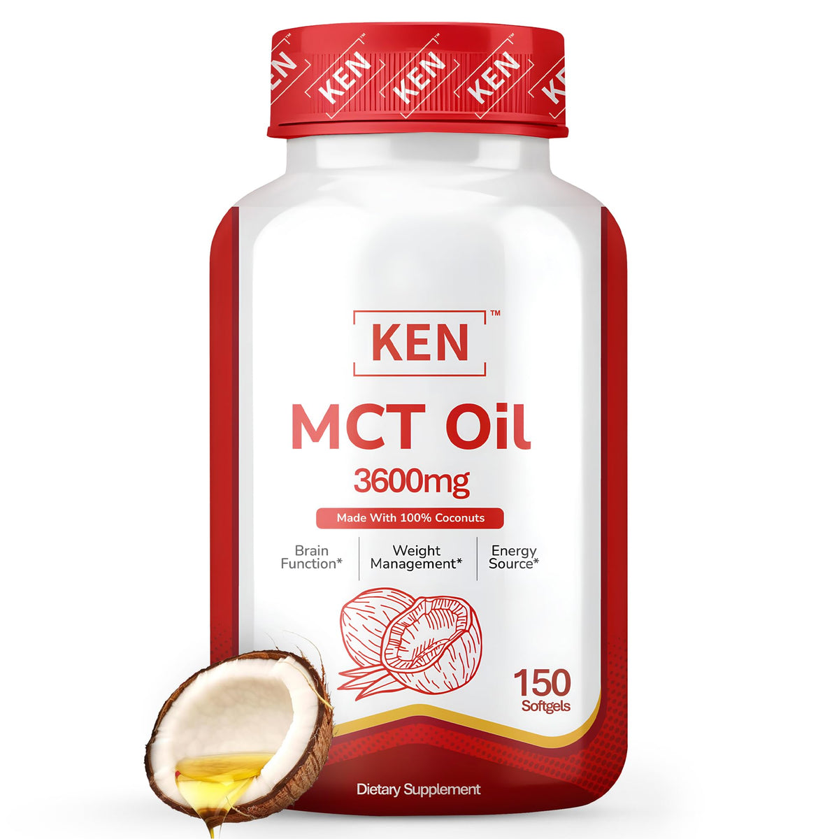 KEN frasco frontal mostrando 150 softgels y beneficio energía concentrada