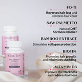Kerotin etiqueta con ingredientes activos y beneficios para folículos saludables