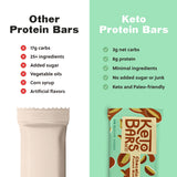 Keto Bars barra entera sobre mesa, demostrando tamaño y cobertura de chocolate