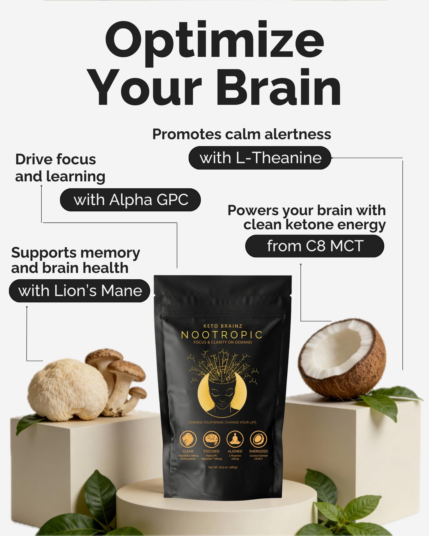 Keto Brainz polvo en primer plano texturizado que facilita mezcla rápida
