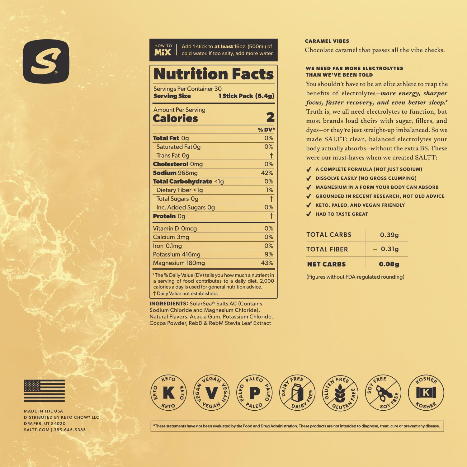 Keto Chow SALTT etiqueta del packaging mostrando valores de sodio potasio magnesio