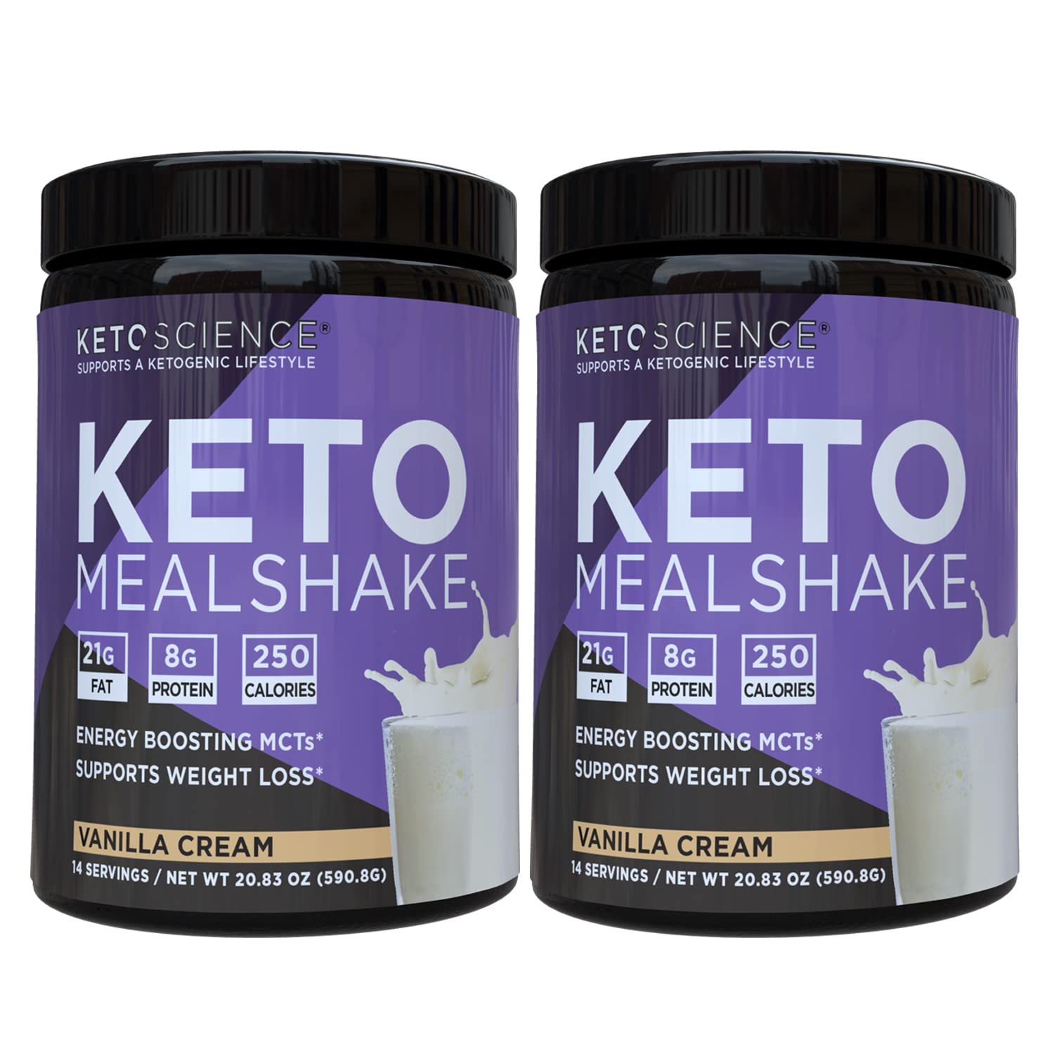 KETO SCIENCE envase frontal del batido cetogénico muestra sabor vainilla y beneficios