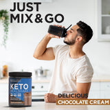 KETO SCIENCE envase junto a tarjetas de porciones, comparando tamaño y 14 raciones