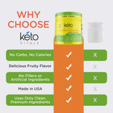 Keto Vitals envase abierto con cuchara medidora indicando 60 raciones por bote