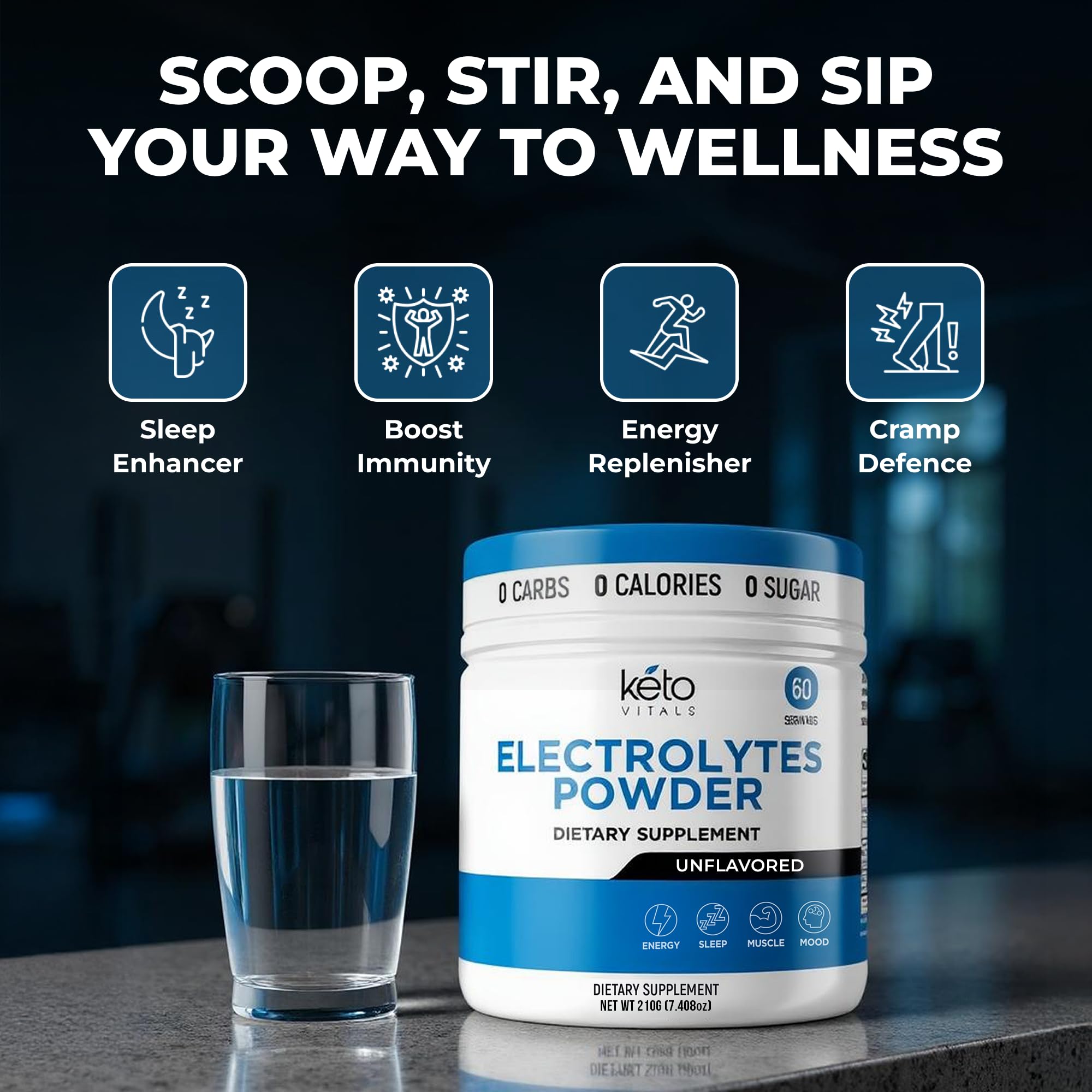 Keto Vitals envase abierto con cucharilla para medir porciones exactas y control