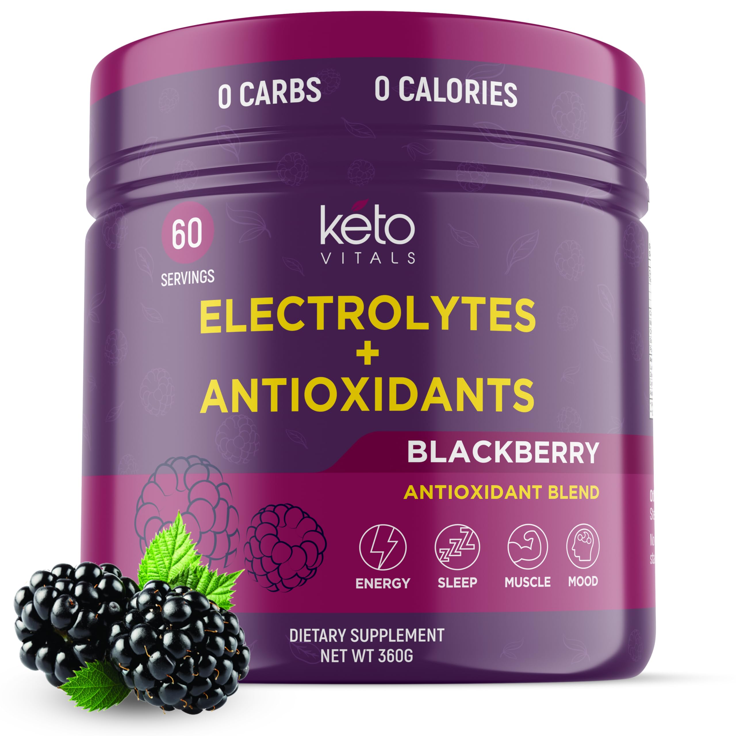Keto Vitals envase frontal Blackberry mostrando 60 raciones y uso sin azúcar
