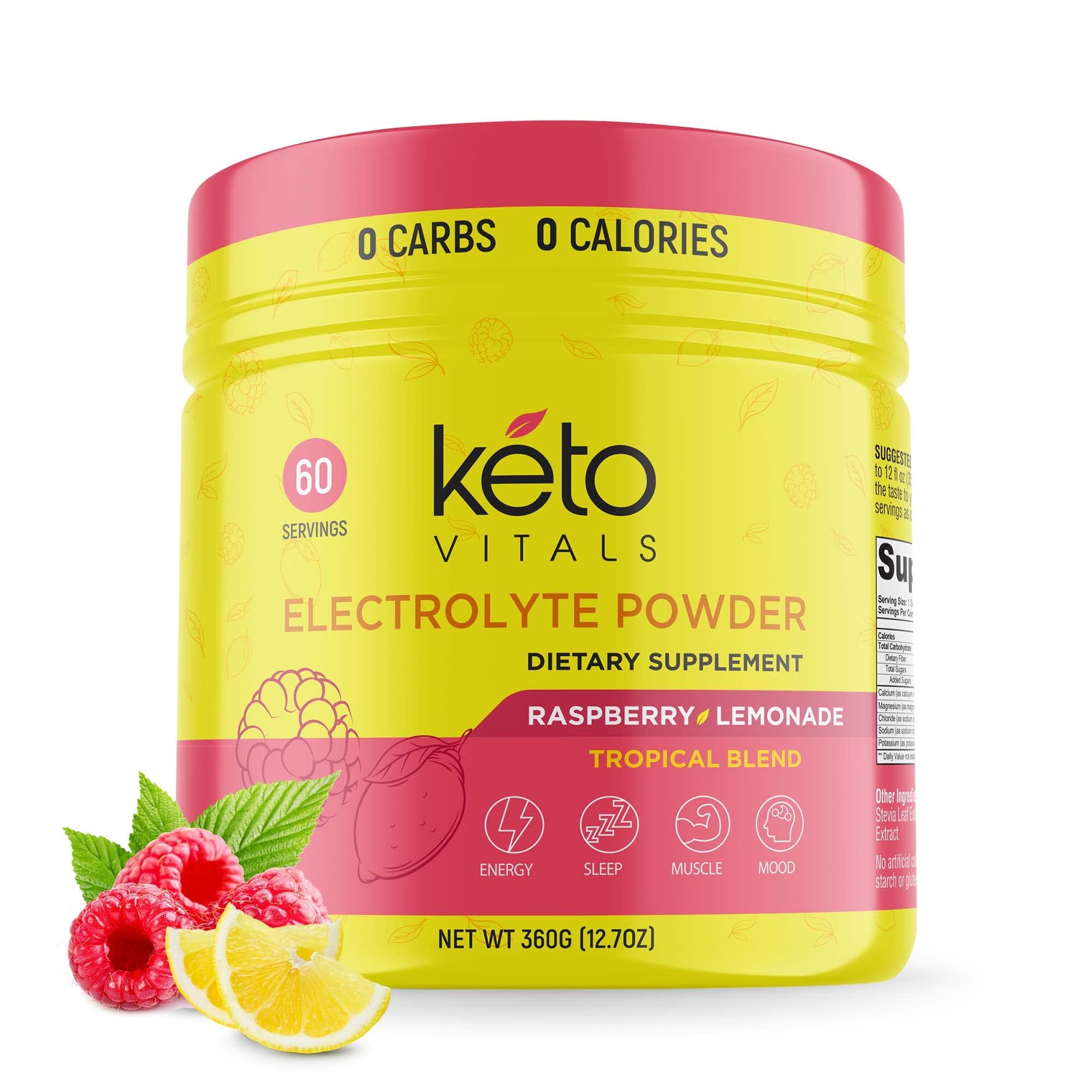 Keto Vitals frente del envase mostrando 60 porciones y sabor Raspberry Lemonade