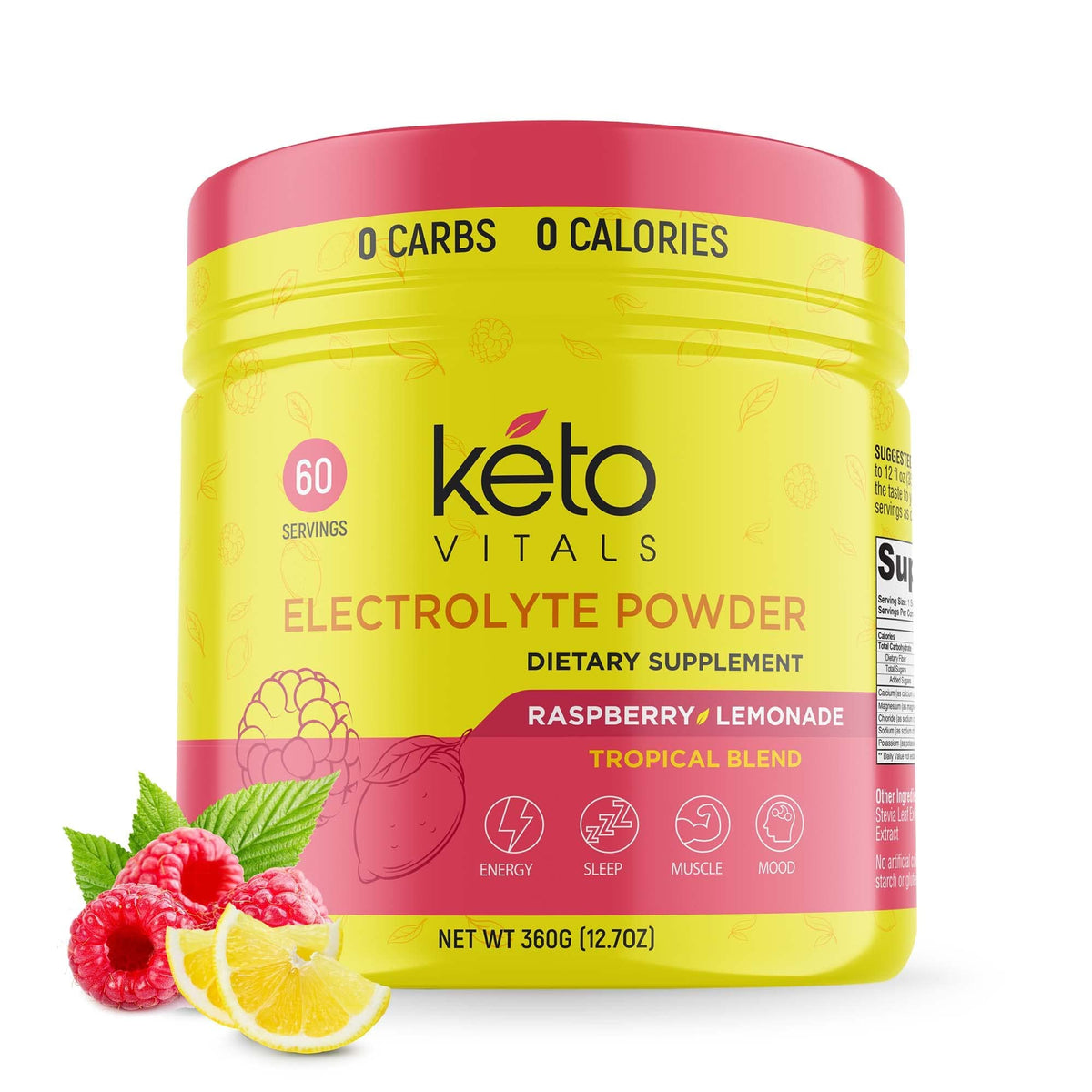 Keto Vitals frente del envase mostrando 60 porciones y sabor Raspberry Lemonade