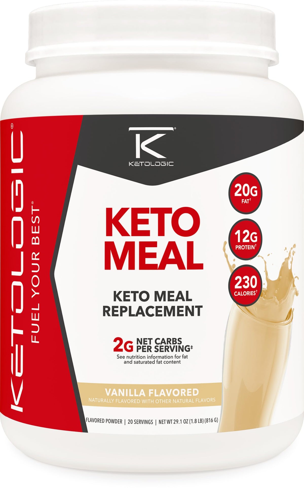 KetoLogic envase frontal sabor vainilla mostrando etiqueta y beneficio bajo en carbohidratos