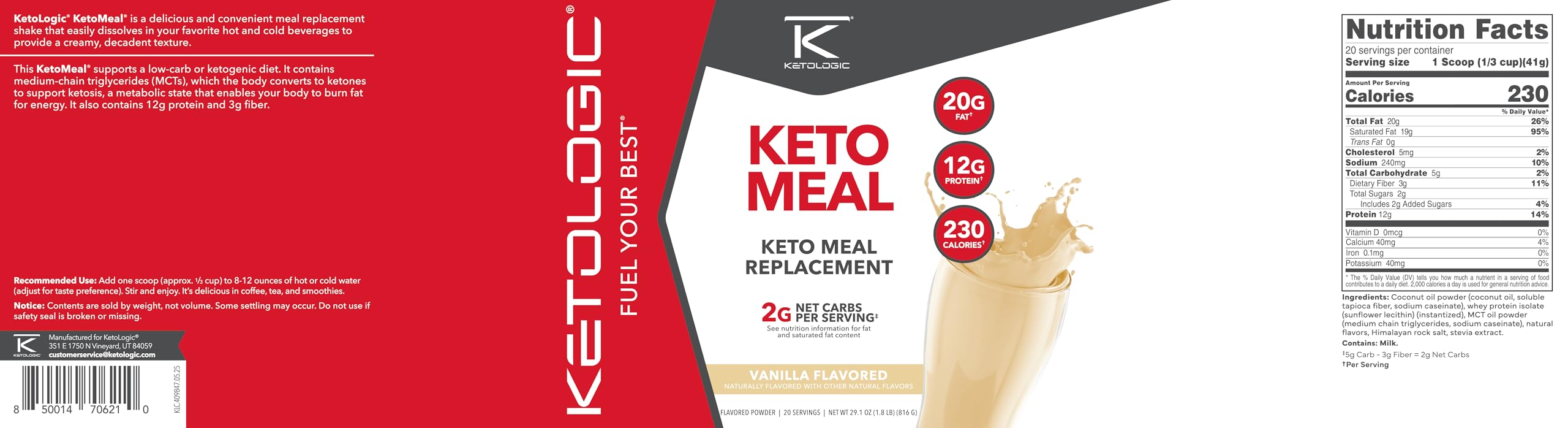 KetoLogic etiqueta nutricional enfocada en 3 g carbohidratos netos y MCT