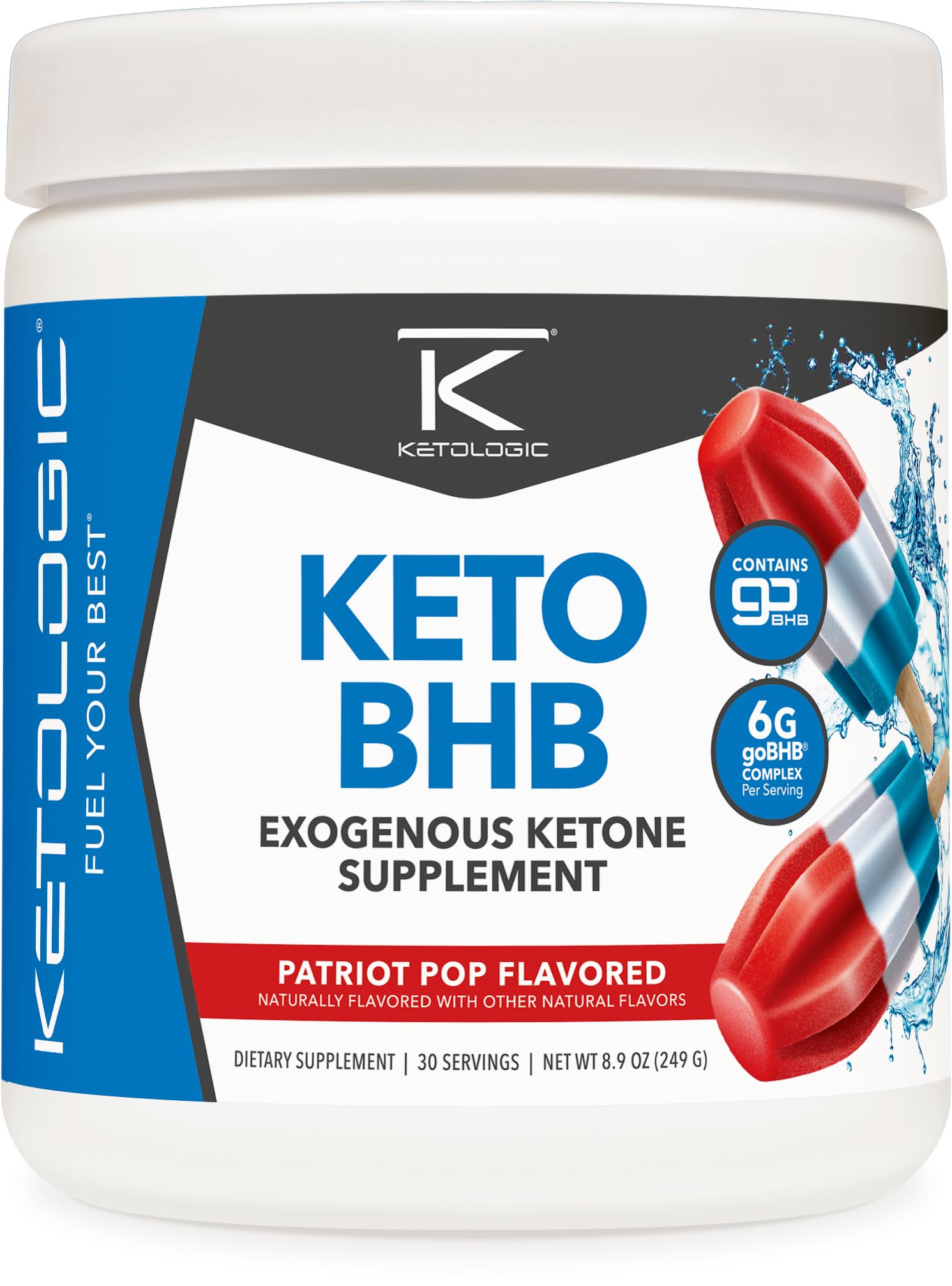 Ketologic frente del envase mostrando marca y sabor Patriot Pop, claro y atractivo