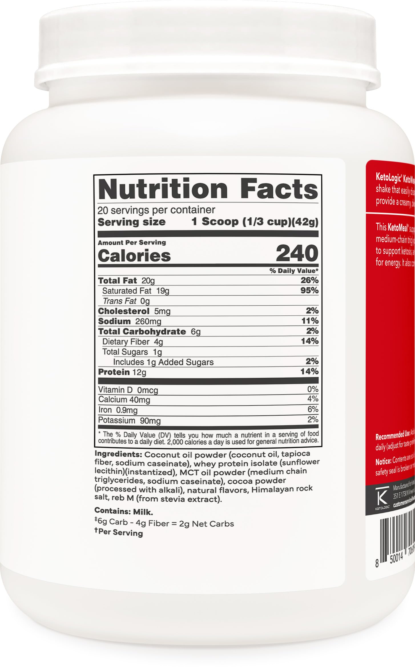 KetoLogic cuchara medidora y envase indicando 20 servicios convenientes