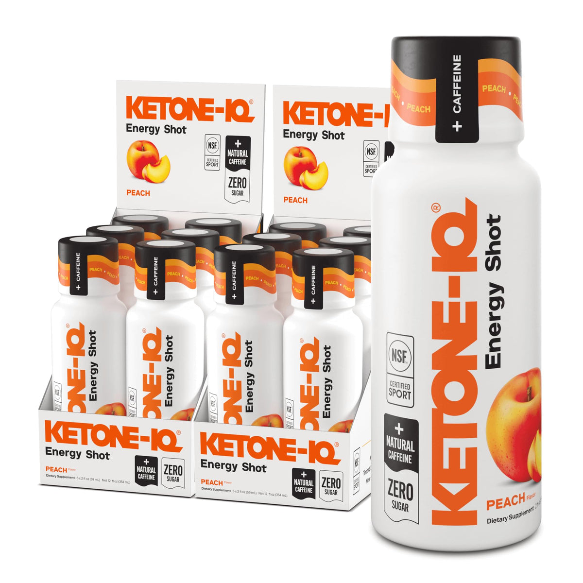 Ketone-IQ frente del empaque mostrando 12 shots, conveniencia portátil