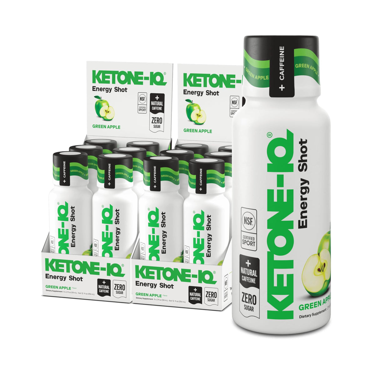 Ketone-IQ frente del paquete sabor manzana verde mostrando 12 unidades y beneficio energía limpia