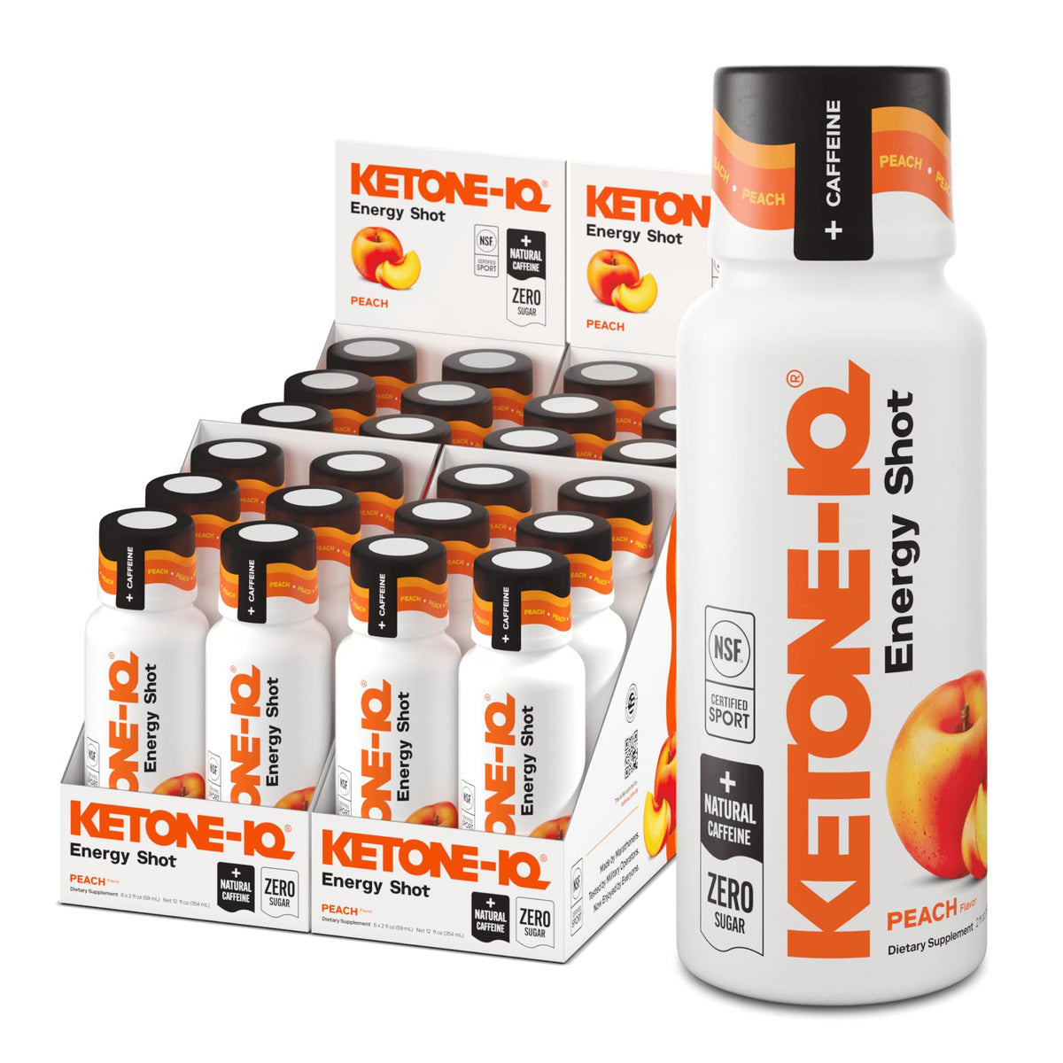 Ketone-IQ frontal del pack peach mostrando 24 unidades y beneficio portátil