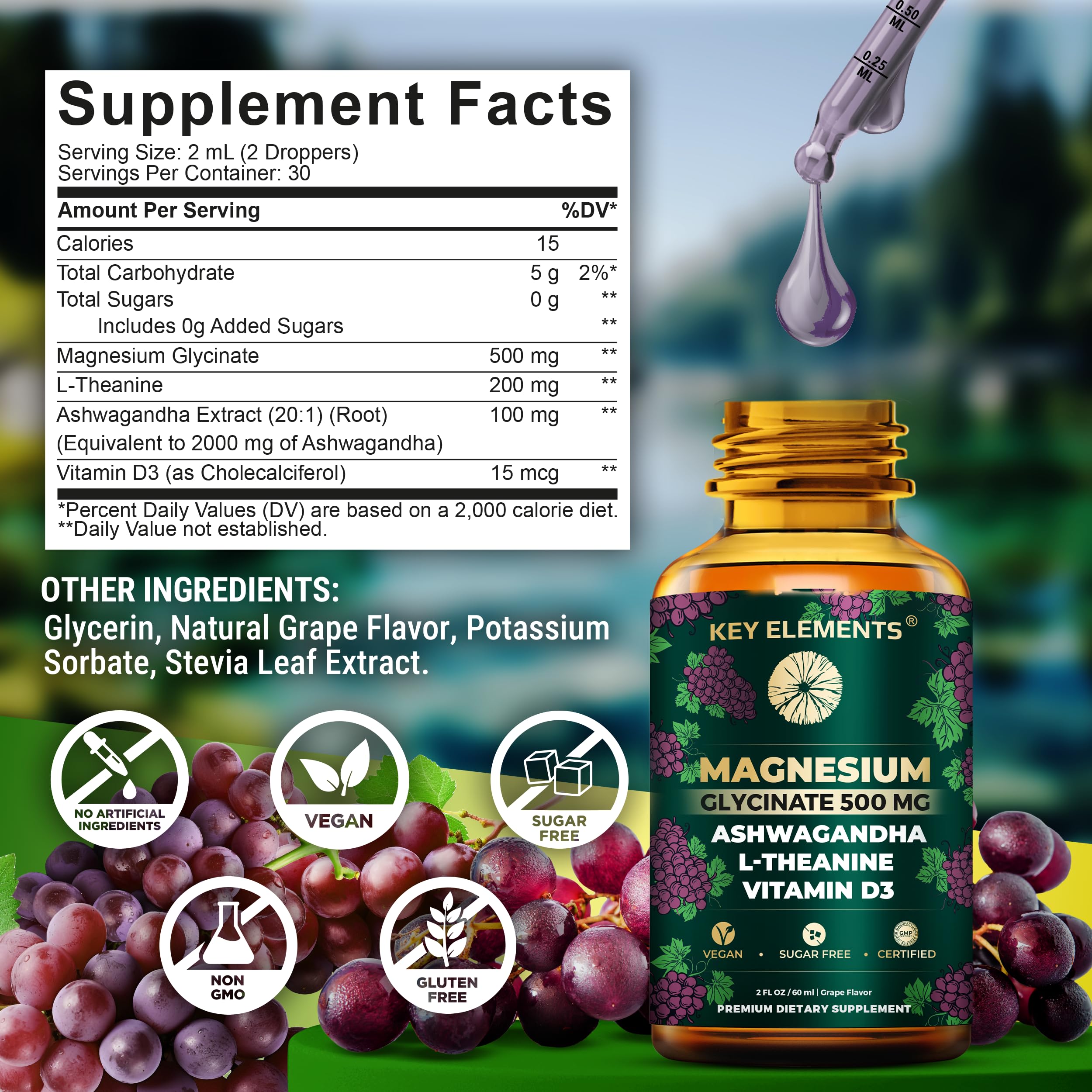 Key Elements etiqueta de ingredientes legible mostrando magnesio, ashwagandha y D3