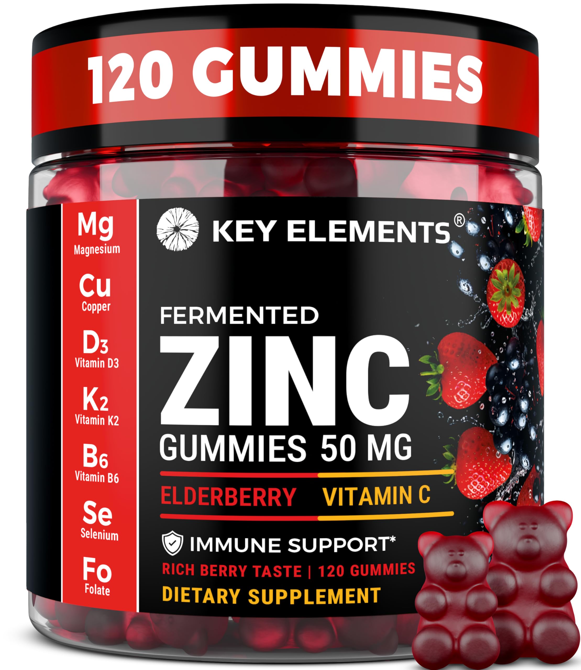 KEY ELEMENTS frasco frontal mostrando 120 gomitas y beneficio práctico