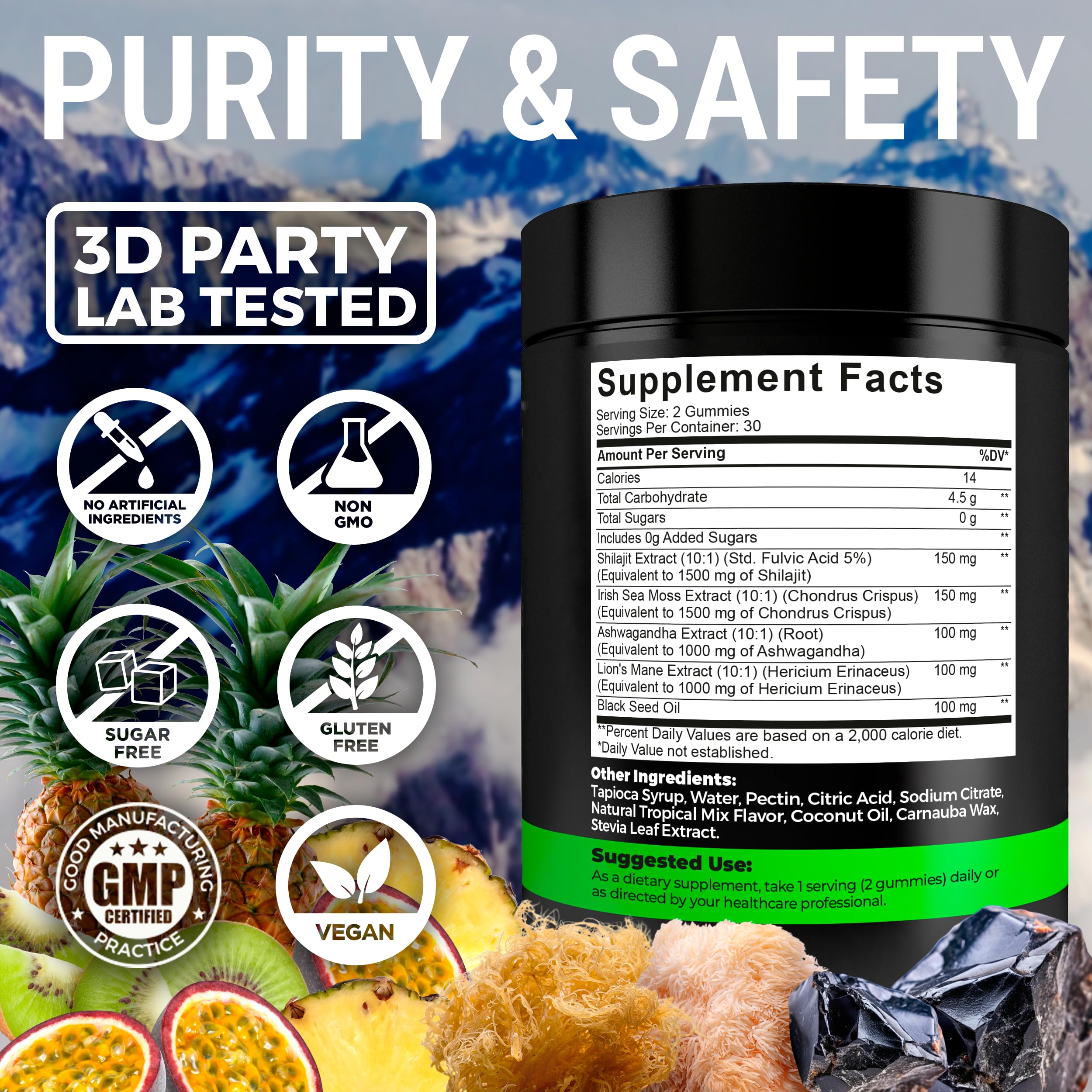 Key Elements gomitas junto a frutas tropicales resaltando sabor